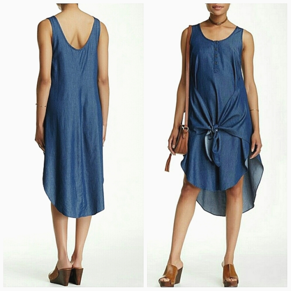 ASTR The Label Luna Tie Front Western Chambray Denim Dress M Festival Preppy NWT